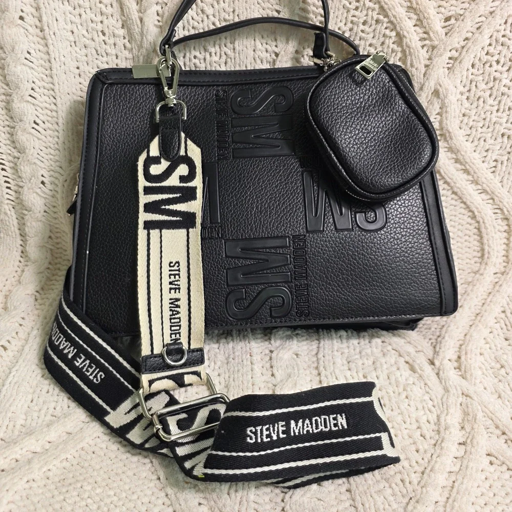 Steve Madden Matteo Satchel Bag Black Logo Embossed Crossbody‎ Excellent